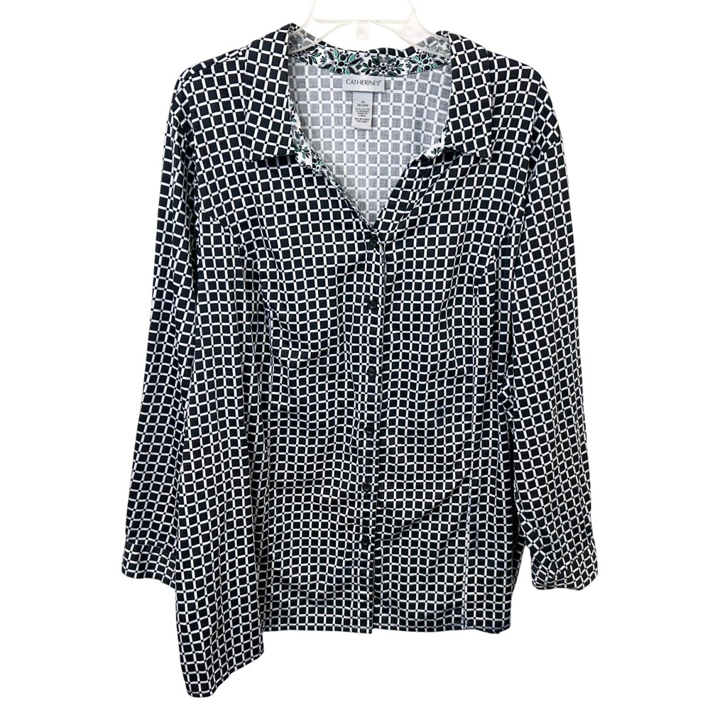 Catherines Plus Size 26/28W Top 3X Black White Grid Button Down Office 879